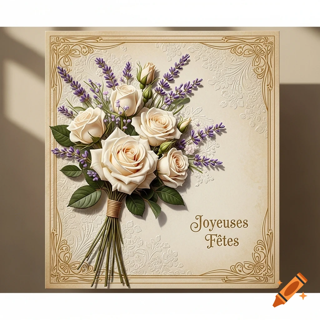 A vintage greeting card with a bouquet of white roses and lavender, ornate borders, and 'Joyeuses Fêtes' in script.