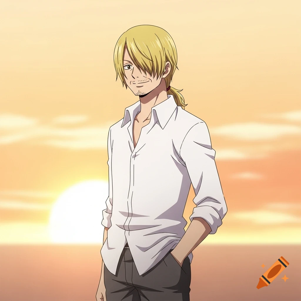 Anime style portrait of a man with blond hair in a ponytail and a beard, wearing a white shirt and casual pants, standing with hands in pockets against a soft orange sunset.