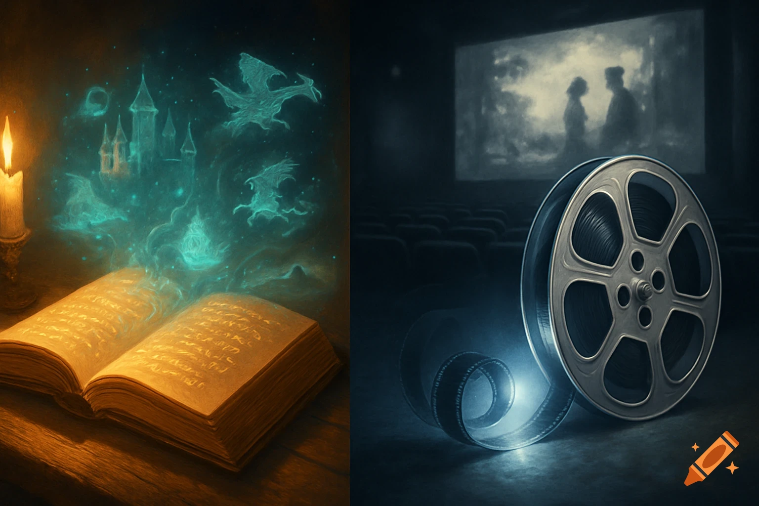 A split image contrasting an open magical book with a glowing castle and dragons, and a film reel in front of a movie screen.