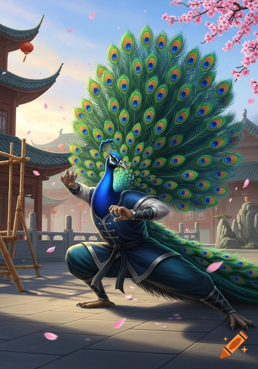 A peacock in martial arts attire performs a pose in an East Asian temple courtyard with cherry blossoms. Digital art.