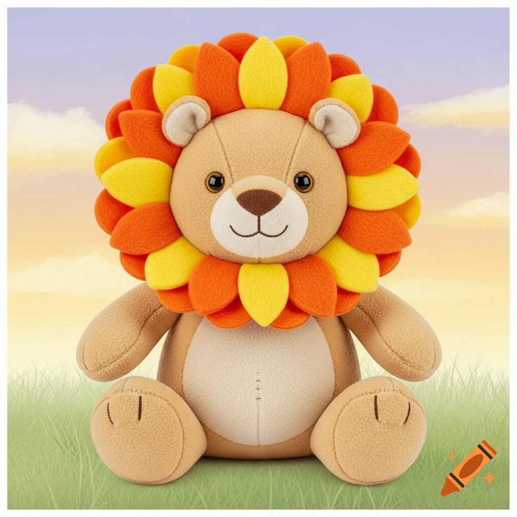 An adorable plush lion with an orange and yellow petal-like mane sits in a grassy field under a soft pastel sky.