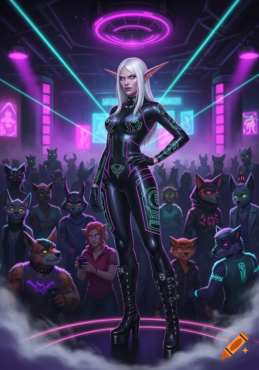 A white-haired elf in a black neon catsuit and goth boots stands in a cyberpunk nightclub filled with anthro patrons, lit by magenta and cyan.