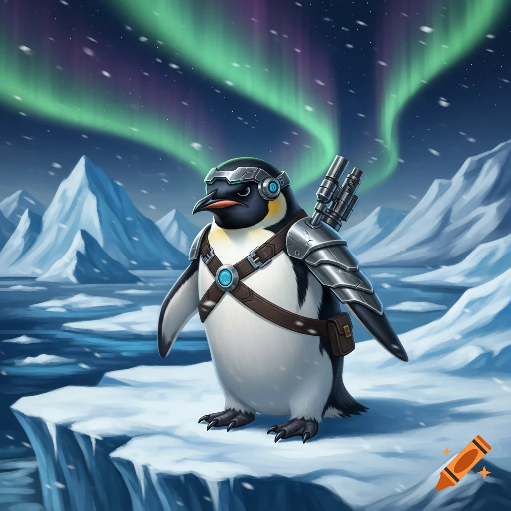 An angry-looking penguin in futuristic silver armor stands on an icy cliff in an arctic environment under the aurora borealis.