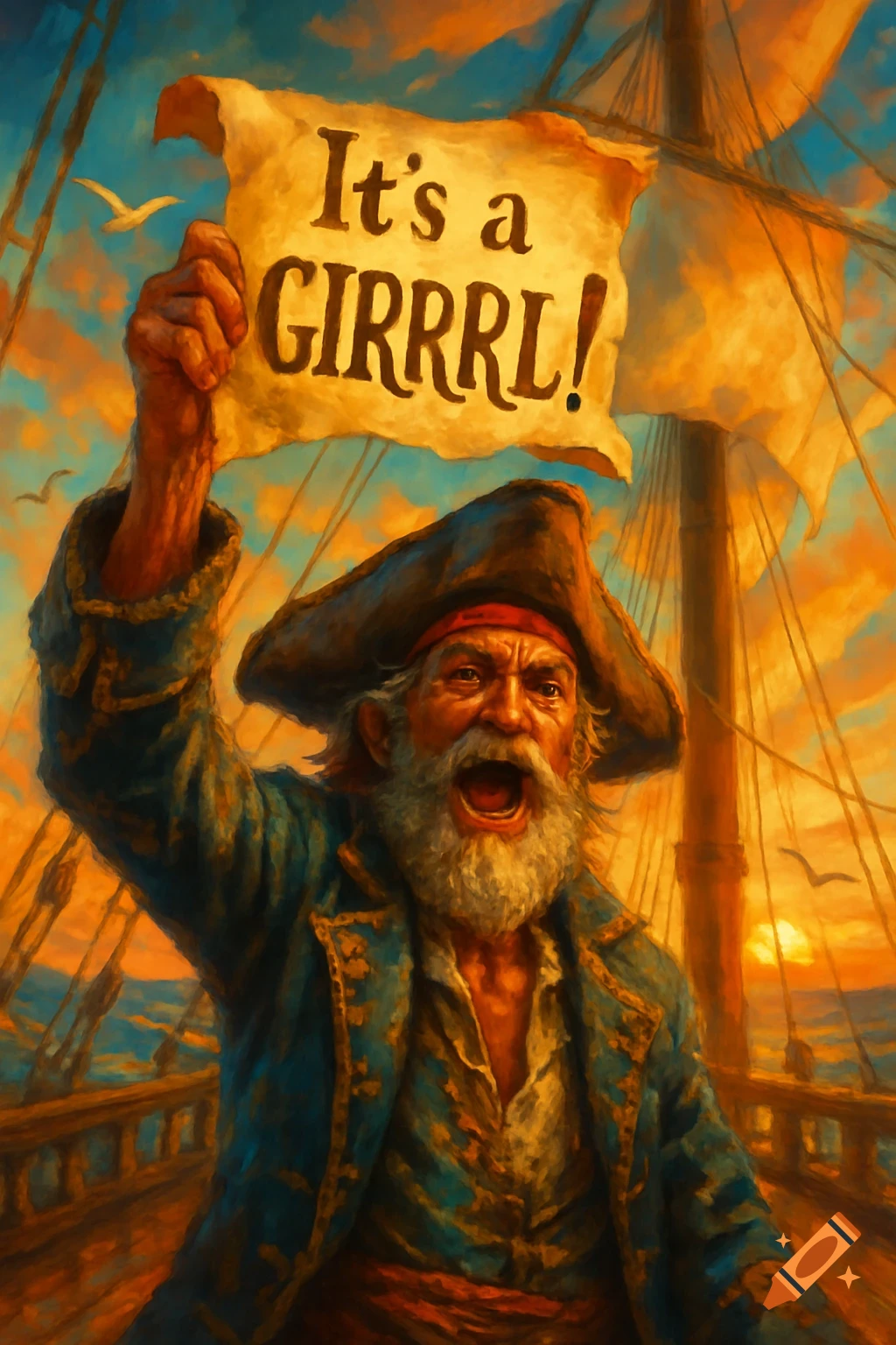 A joyful old pirate on a ship at sunset holds a scroll reading 'It's a GIRRRRL!' in a vibrant painting.