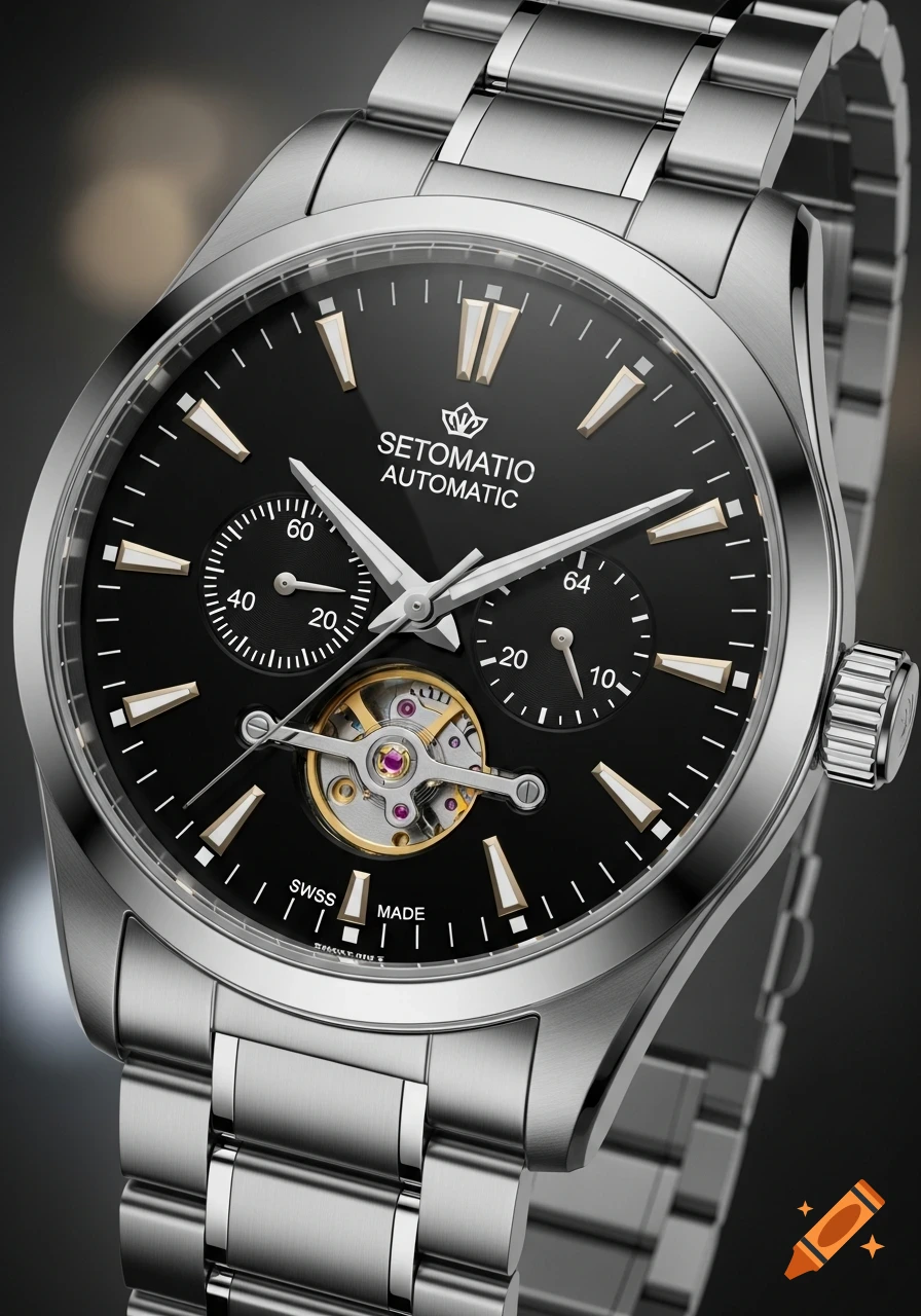 A close-up, high-detail shot of a silver automatic wristwatch with a black face, white hands, and visible gears in the lower section.