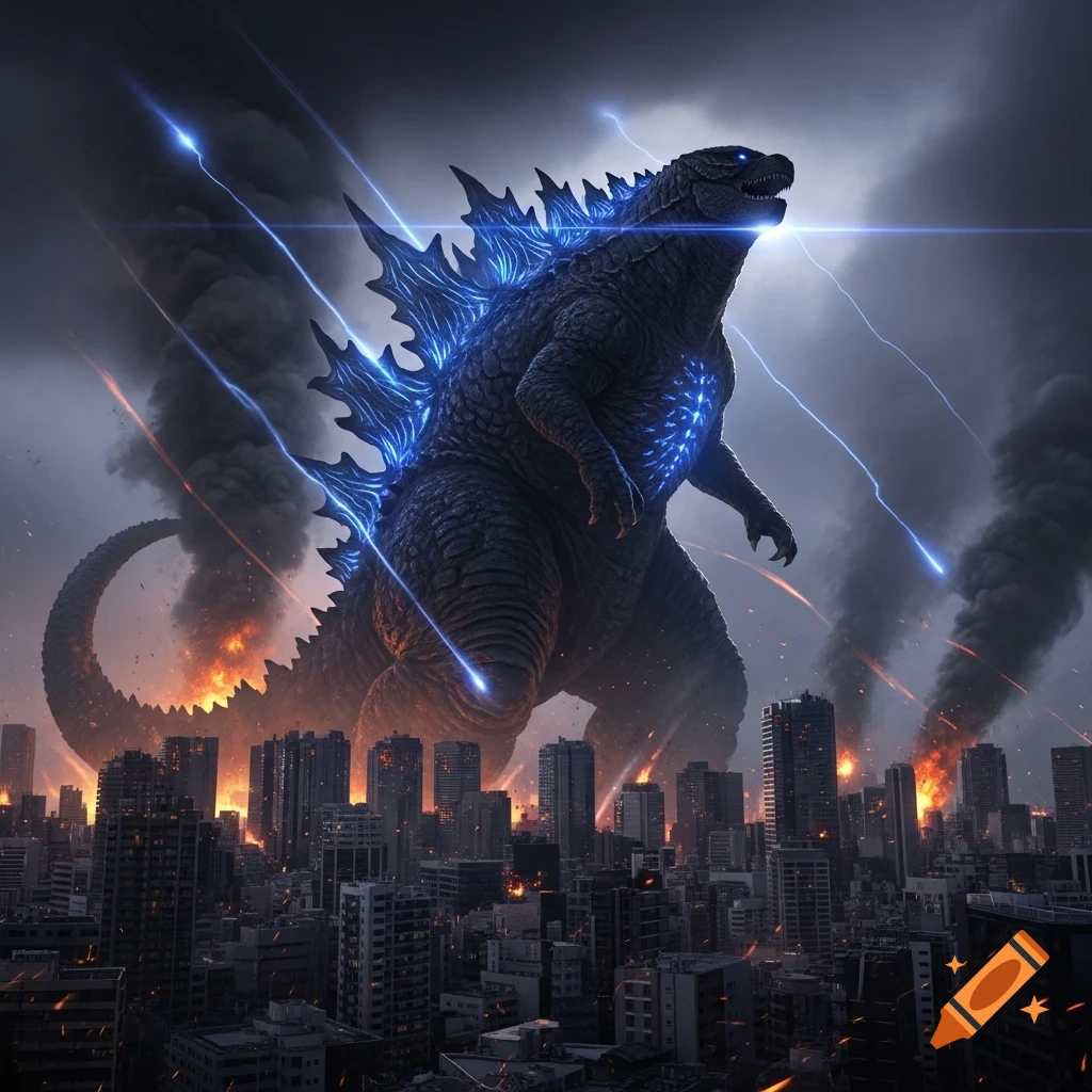 Gigantic Monsterverse Godzilla with glowing blue dorsal plates stands over a burning, destroyed city amidst smoke and lightning.