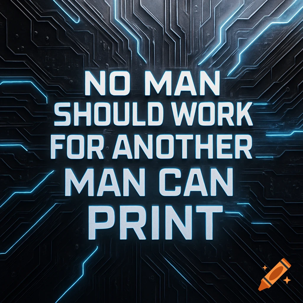 White glowing text 'NO MAN SHOULD WORK FOR ANOTHER MAN CAN PRINT' on a dark, intricate circuit board background with blue light traces.