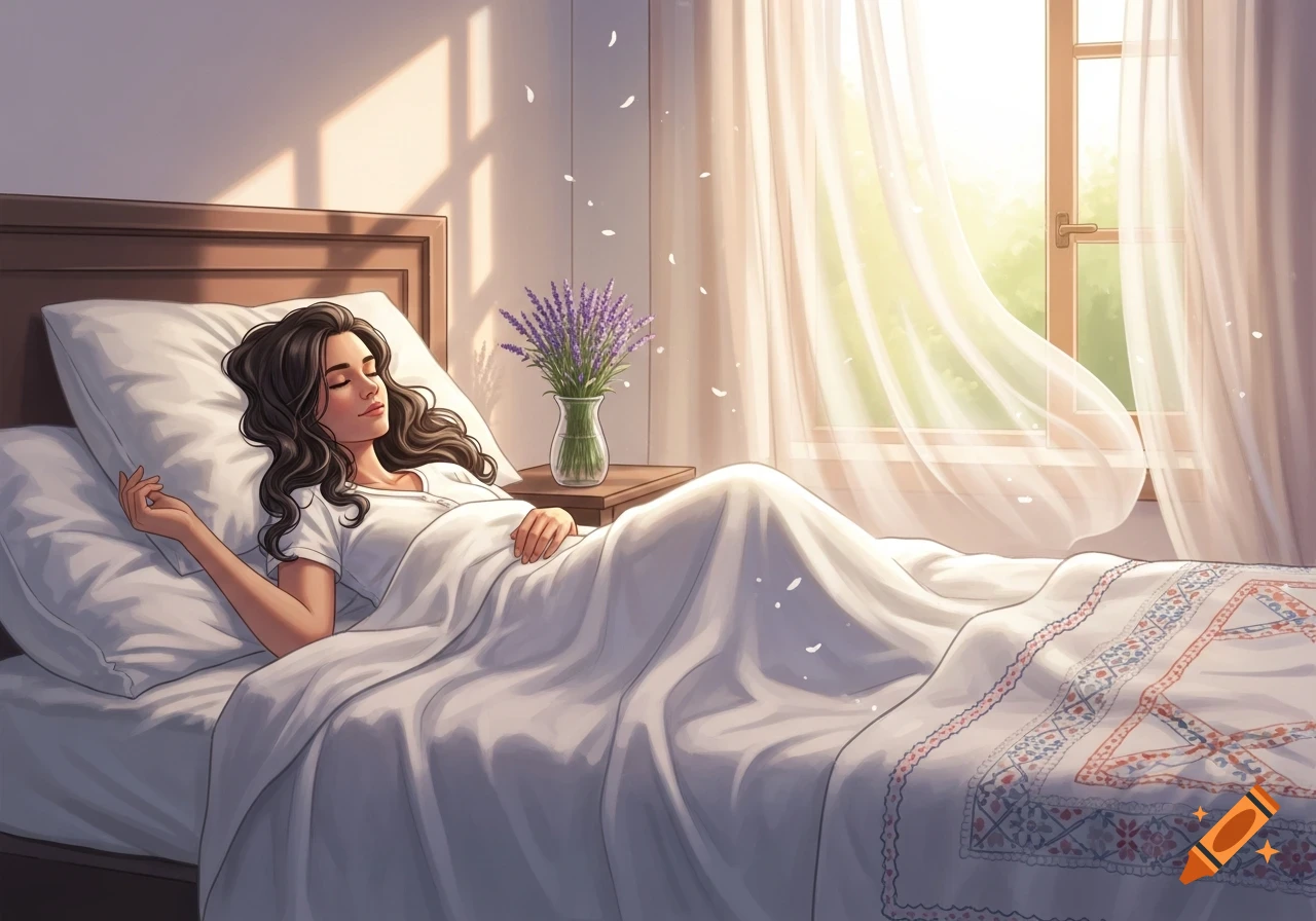 An illustrated depiction of a woman with dark hair sleeping peacefully in a sunlit bed, with a vase of lavender on the nightstand.