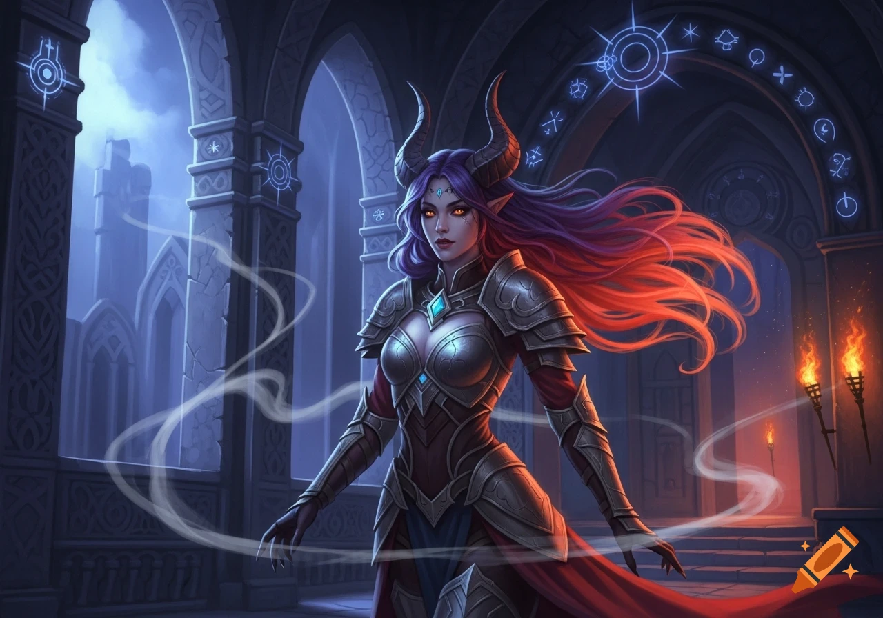 A horned woman with purple and red hair and glowing eyes in silver ...