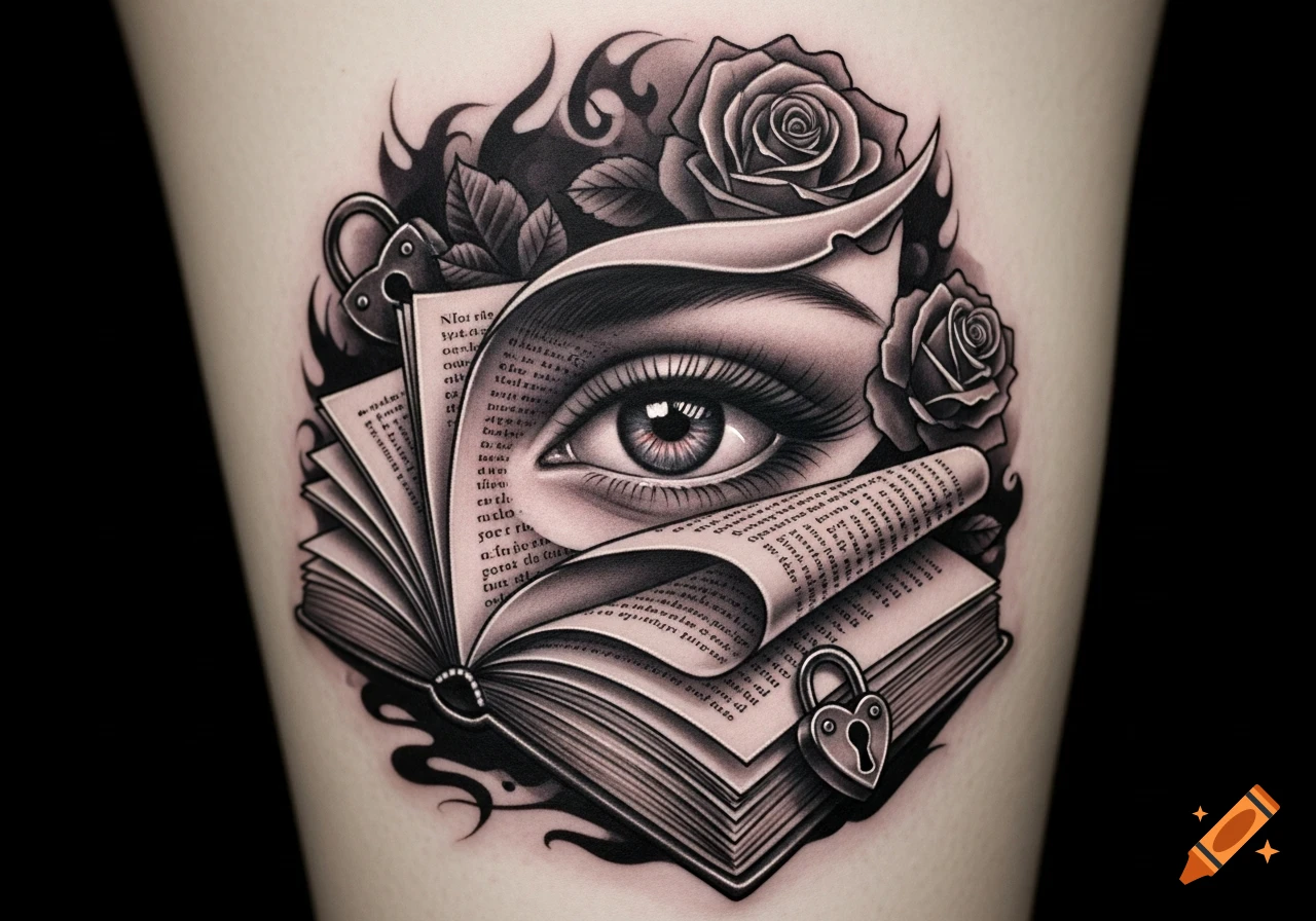 Black and gray tattoo on skin, featuring a surreal eye amidst the pages of an open book, flanked by roses, flames, and heart locks.