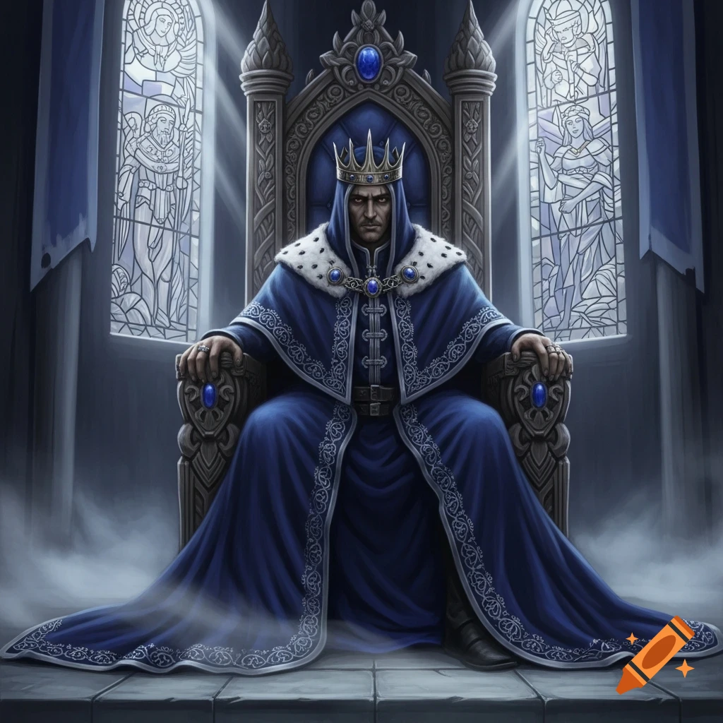 A stern king wearing a blue hooded cloak and crown sits regally on an ornate, jewel-adorned throne in a dimly lit hall with stained-glass windows.
