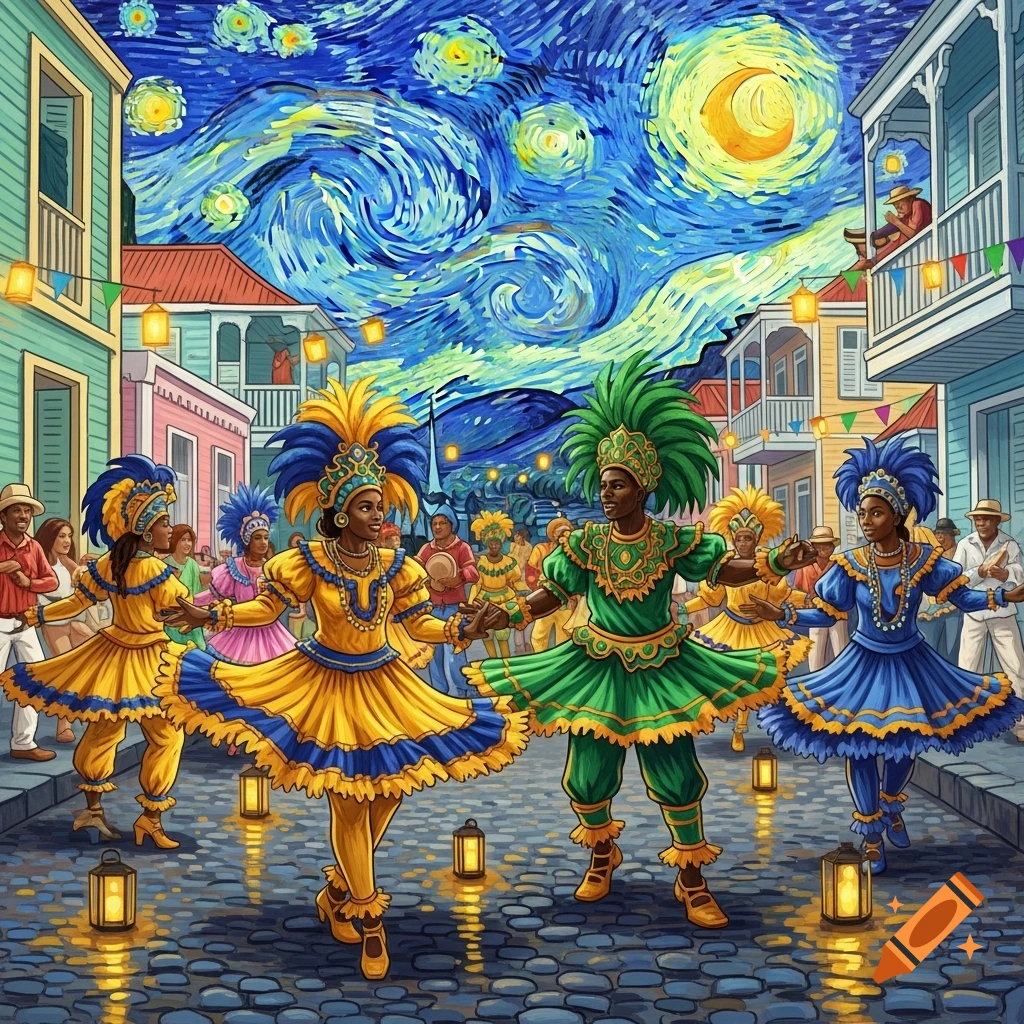 A vibrant Van Gogh style painting depicts a street carnival with people in colorful costumes dancing under a starry night sky.