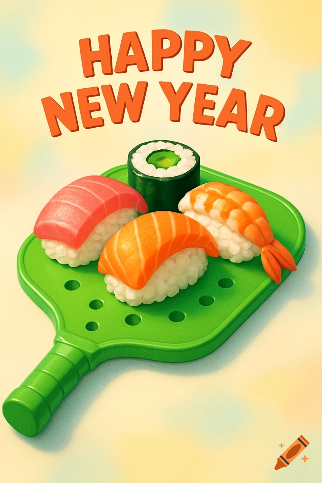 Cartoon sushi (salmon, tuna, shrimp, maki) on a green pickleball paddle with 'Happy New Year' text above.
