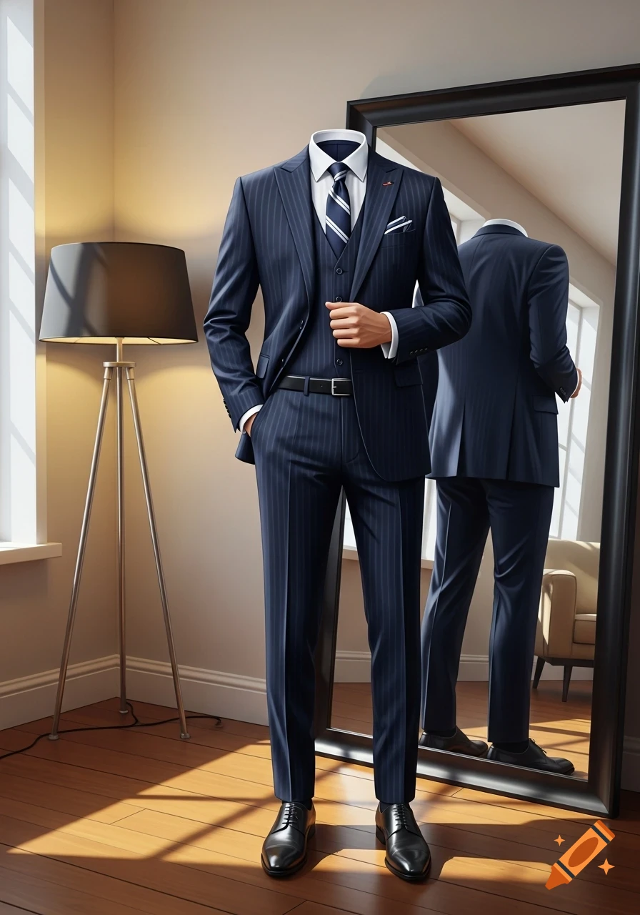 A navy blue pinstripe three-piece suit, worn by a headless mannequin, stands in a modern room with a mirror and lamp.