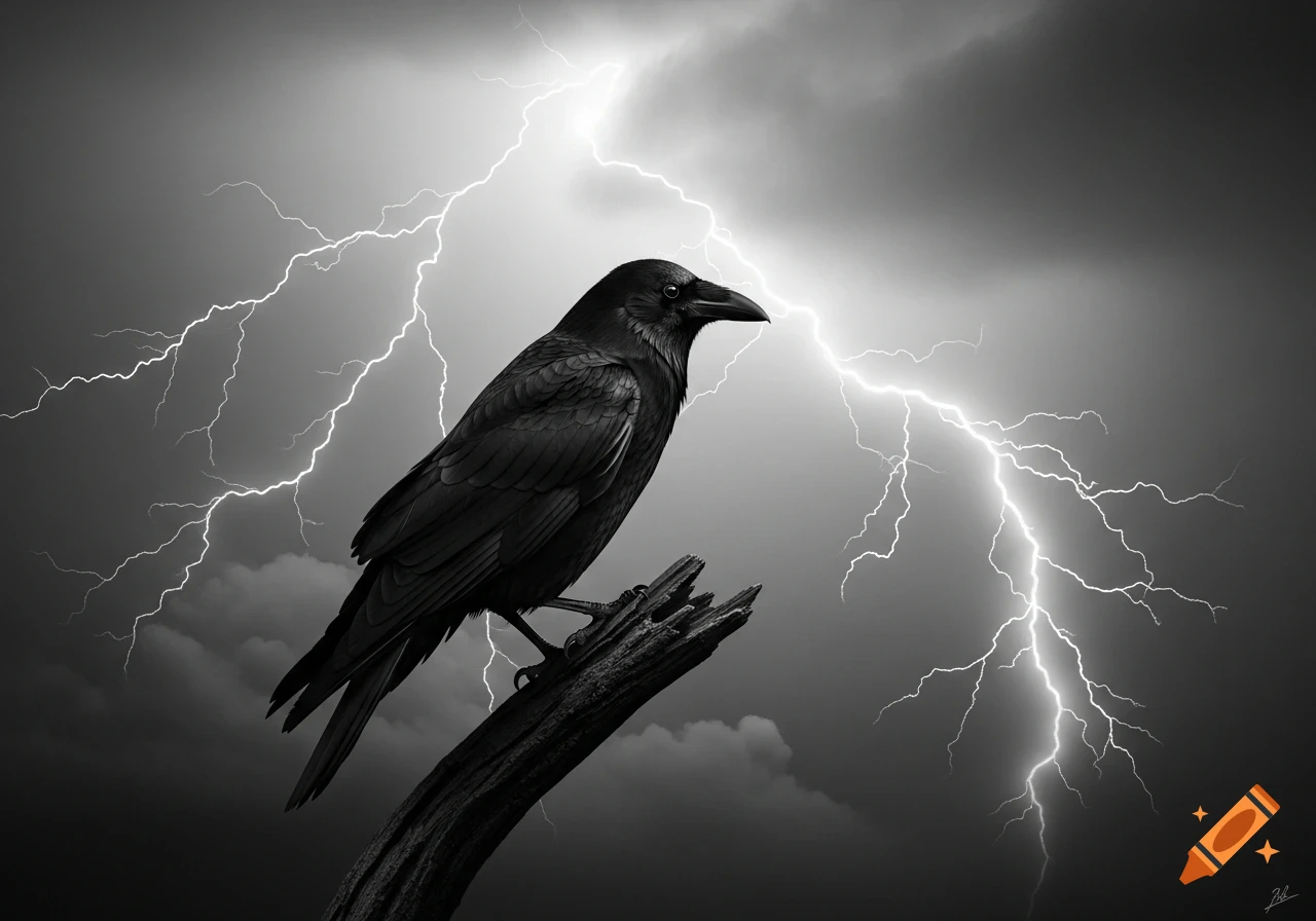 A black and white image of a crow perched on a branch, with lightning striking in the dark, stormy sky.