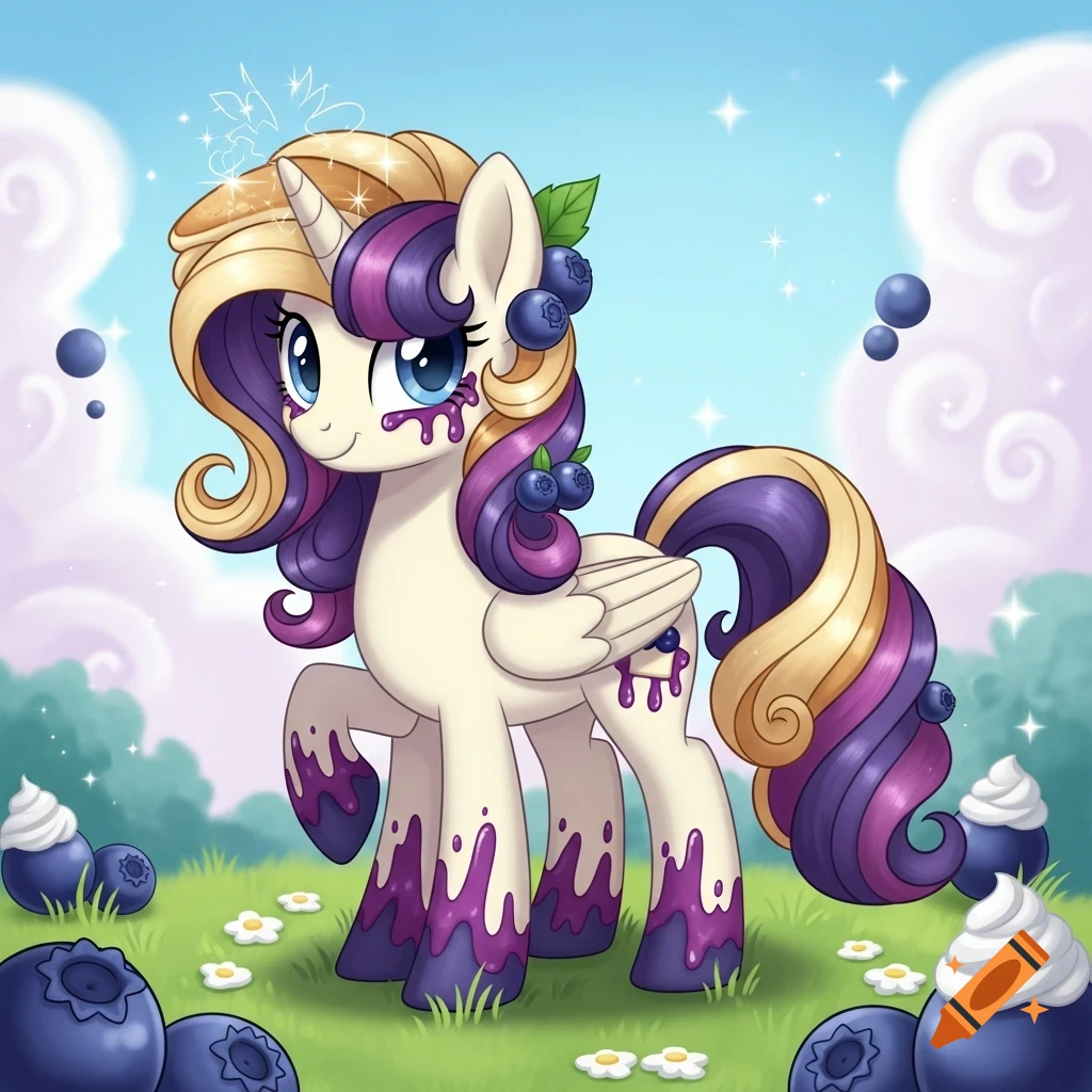 A cream-colored cartoon pony with purple and blonde mane, decorated like a blueberry cheesecake, stands in a grassy field.
