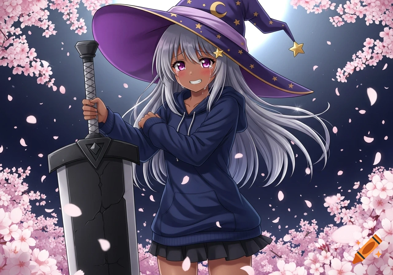 Anime girl with silver hair and purple witch hat crying while holding a greatsword amidst falling pink cherry blossoms at night.