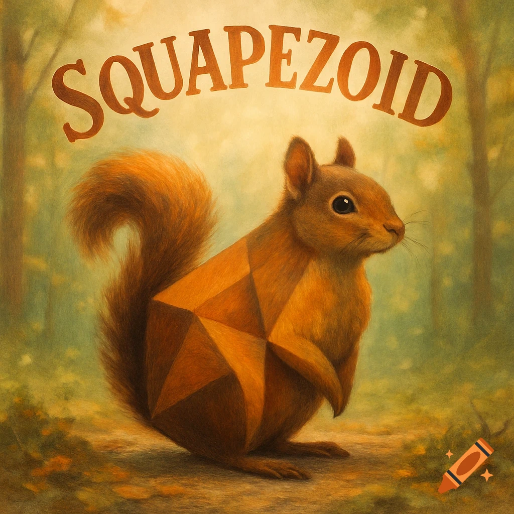 A stylized squirrel with a geometric body and fluffy head and tail in a painterly forest under 'SQUAPEZOID' text.