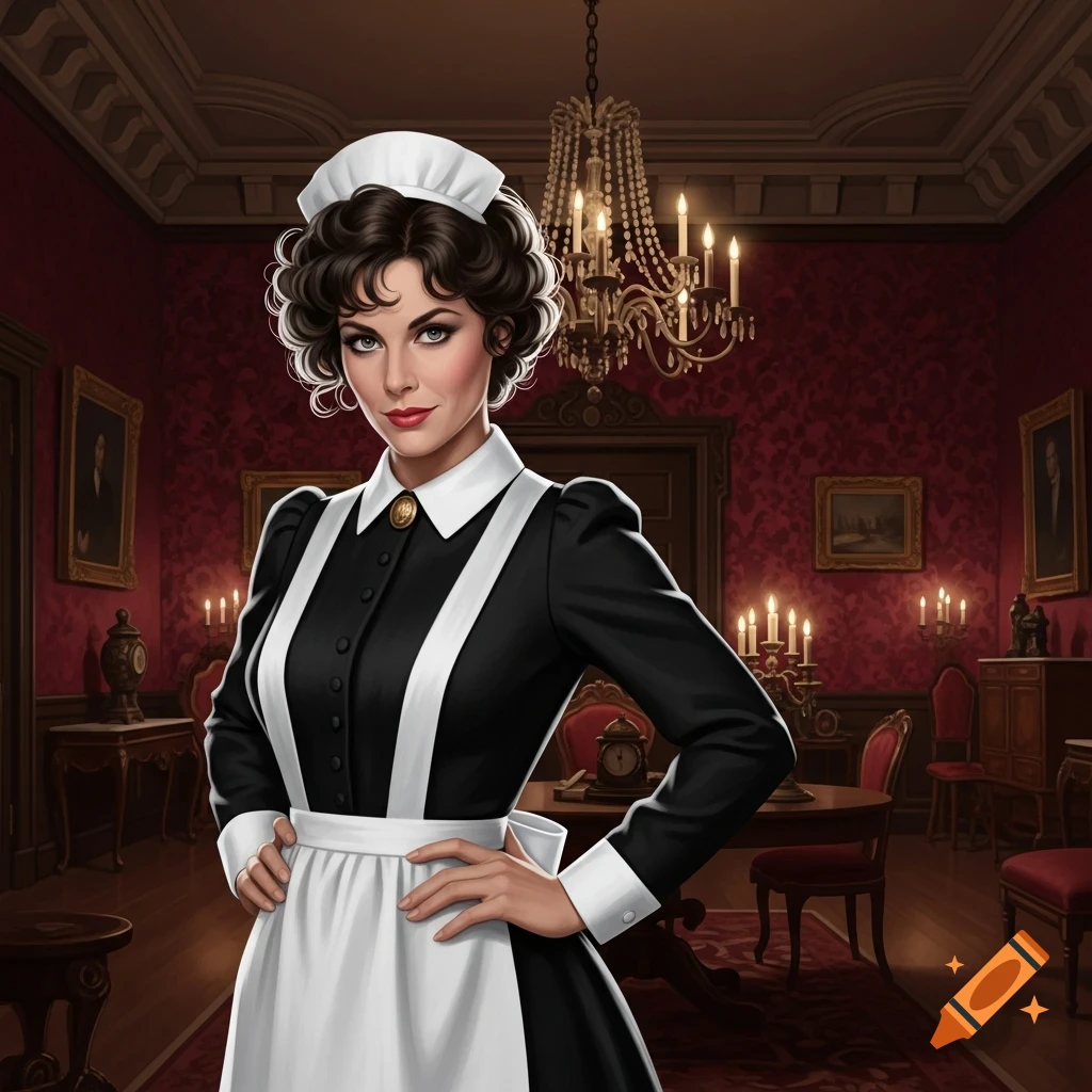 A confident woman in a classic black and white maid uniform stands in a lavish, red-wallpapered room with a chandelier.
