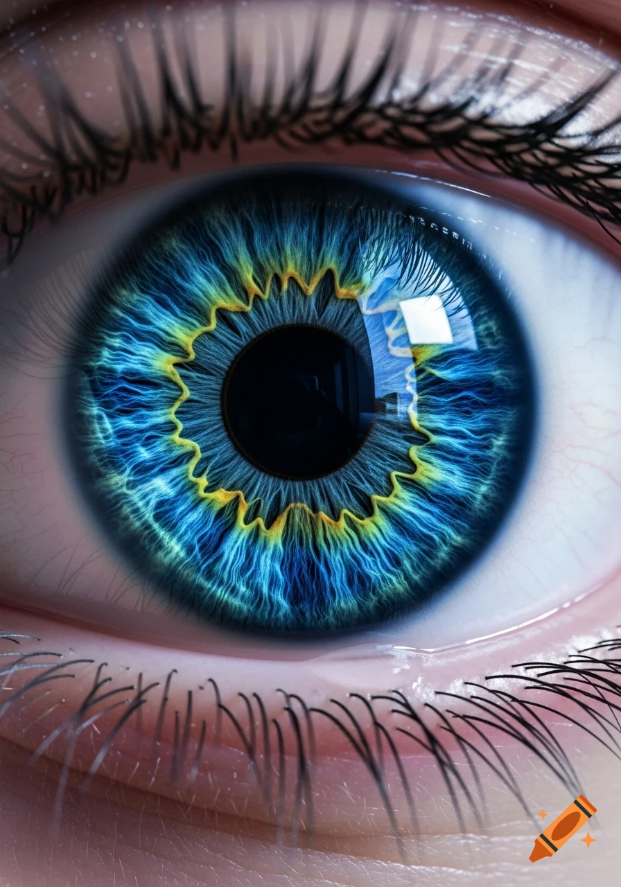 Close-up photorealistic image of a vibrant blue human eye with intricate yellow and blue iris patterns, visible eyelashes and skin texture.