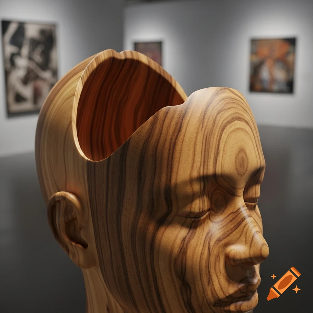 A photorealistic wooden sculpture of a human head, hollowed at the top, in an art gallery.