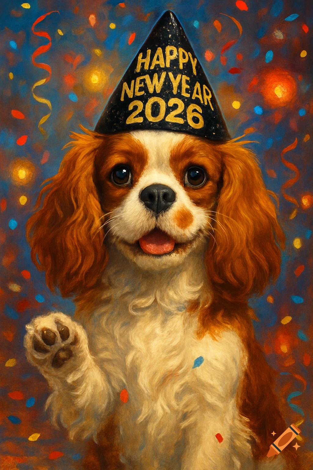 Painterly portrait of a Cavalier King Charles Spaniel wearing a 'Happy New Year 2026' hat, smiling, and waving amidst confetti.
