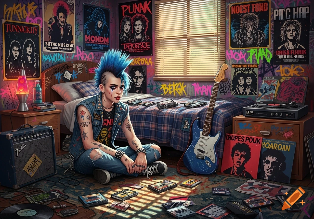 A blue-haired punk teenager sits on the floor of a graffiti-covered 80s bedroom filled with music gear and posters.
