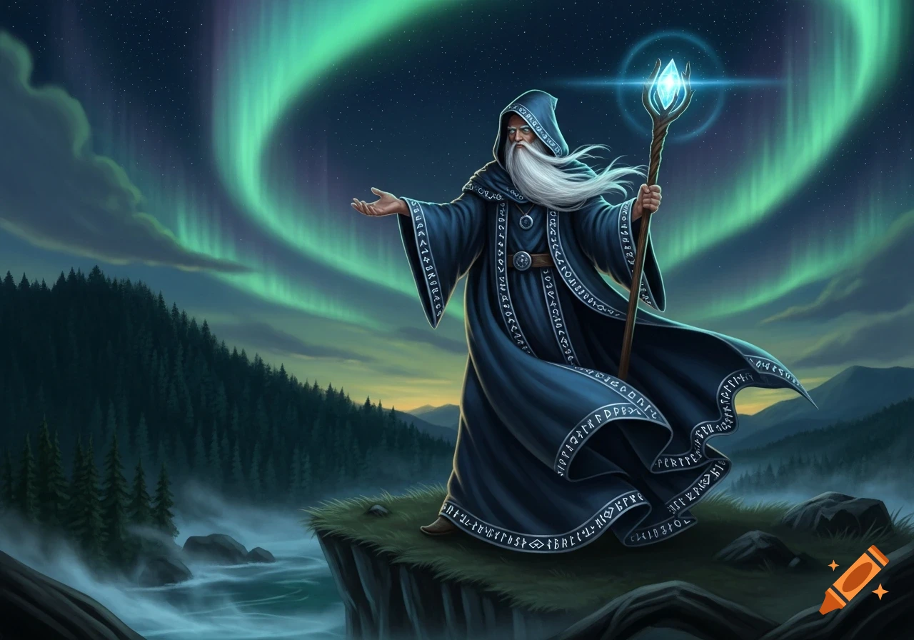 A white-bearded wizard in a blue, rune-adorned hooded robe stands on a cliff holding a glowing staff, under a night sky with green aurora borealis.