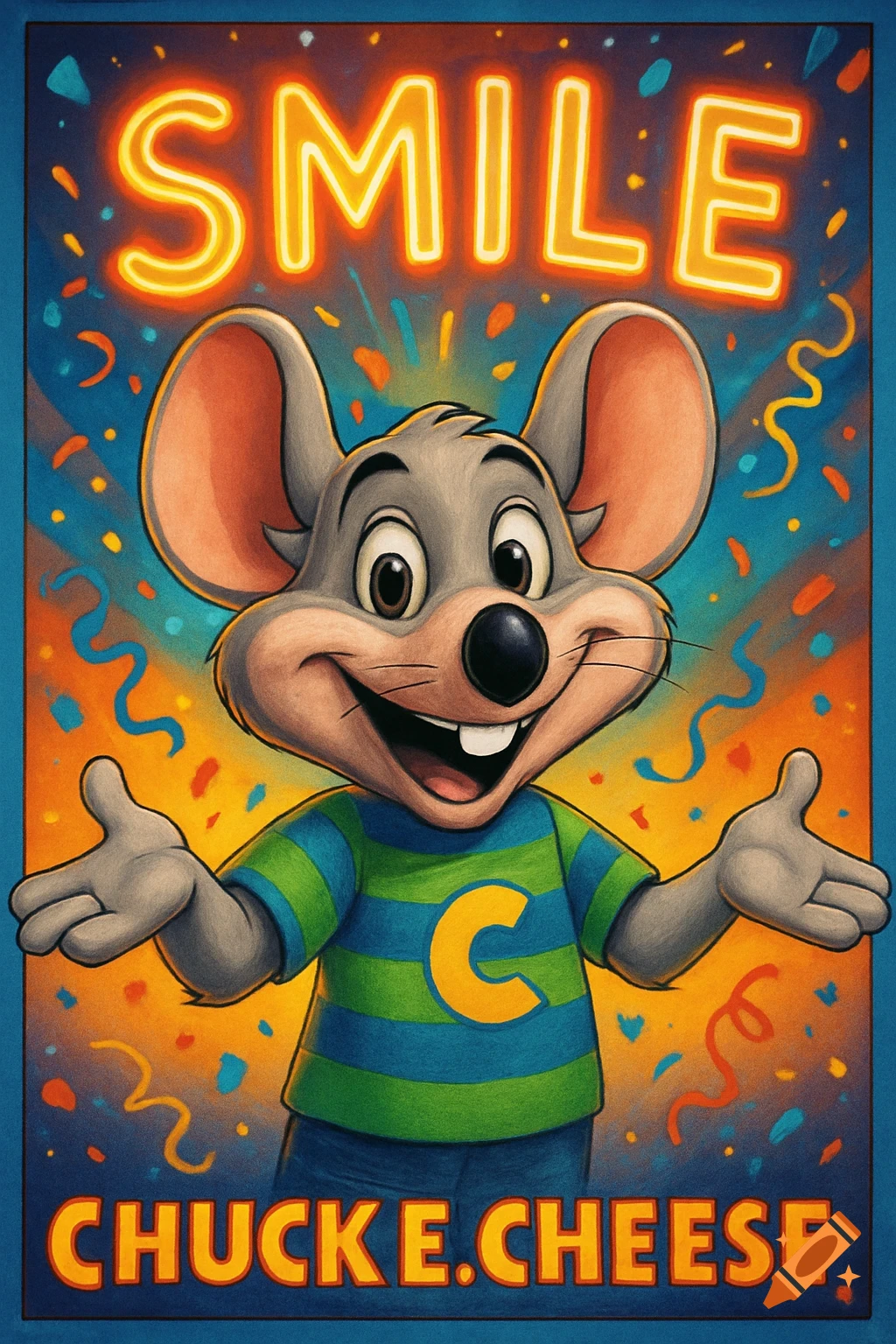 A vibrant cartoon poster features Chuck E. Cheese, a smiling gray mouse in a striped green and blue shirt with a yellow 'C'. Neon 'SMILE' text glows above, with 'CHUCK E. CHEESE' below, surrounded by confetti.