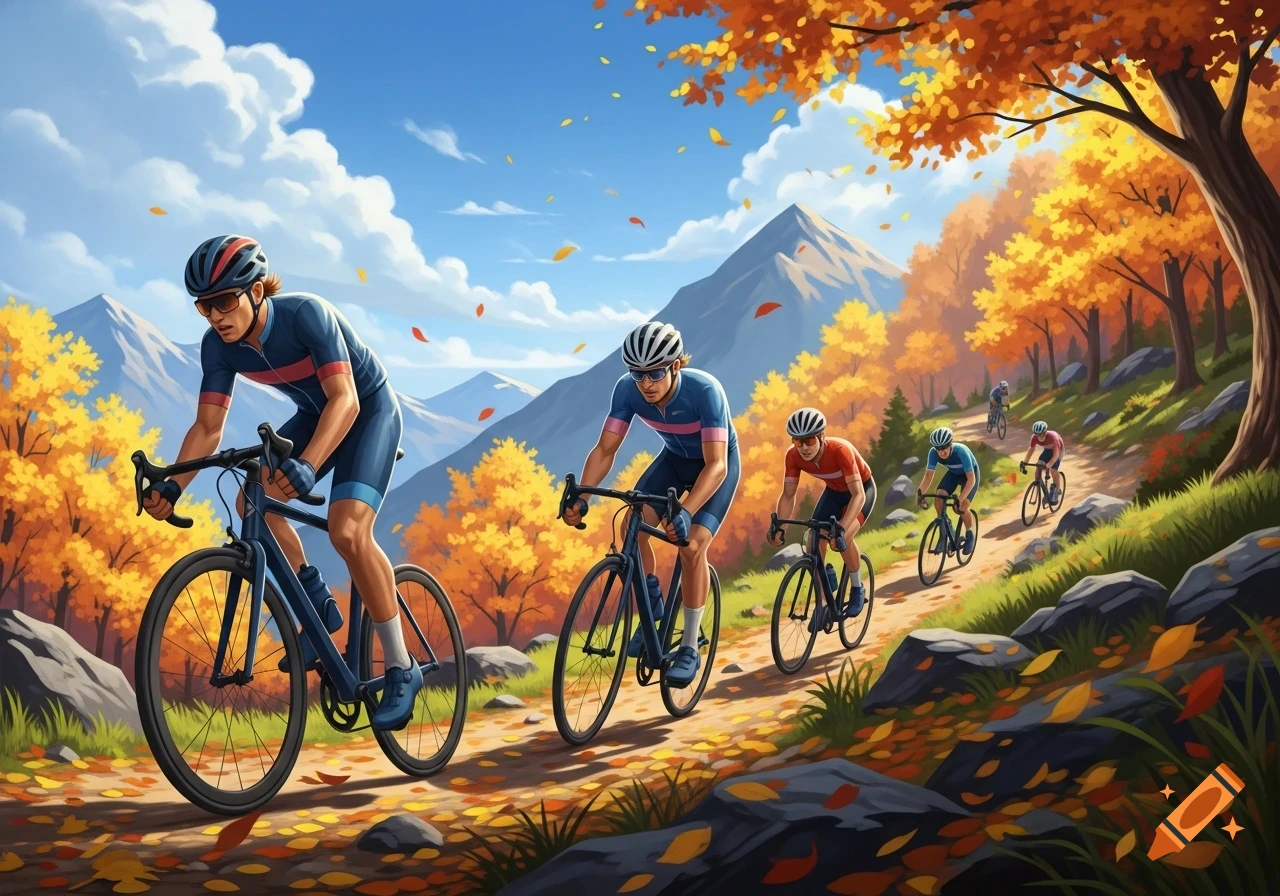 A group of cyclists rides bicycles on a dirt path through a vibrant autumn mountain landscape with colorful trees.