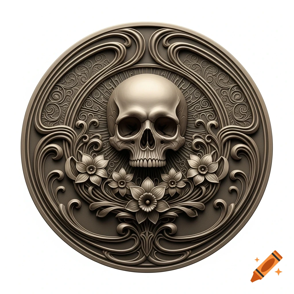 A circular bas-relief featuring a central skull surrounded by intricate Art Nouveau floral and scroll ornamentation.