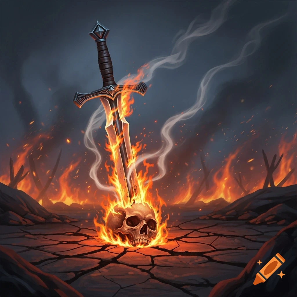 A fantasy illustration of a flaming sword plunged into a skull on cracked ground, surrounded by fire and smoke.