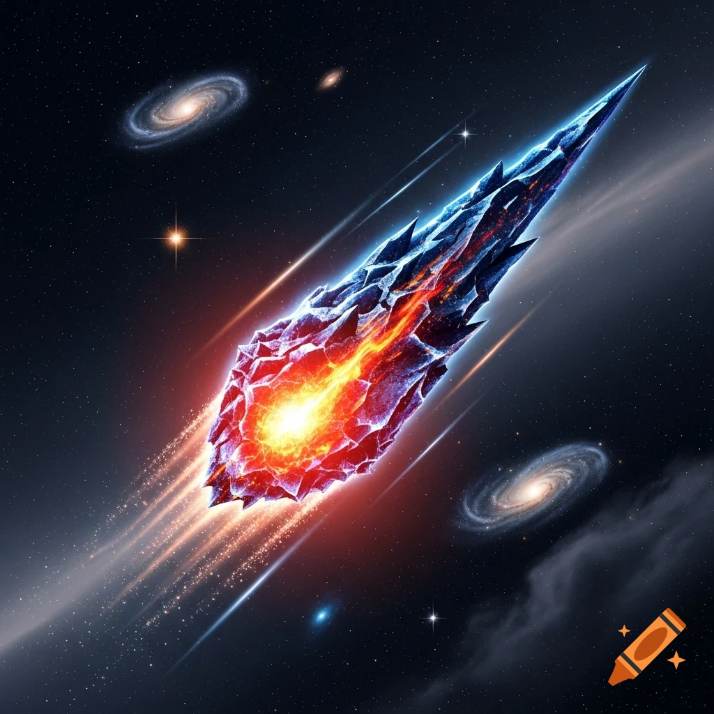 A jagged, icy blue meteor with a fiery red core streaks through deep space, with galaxies and stars in the background.