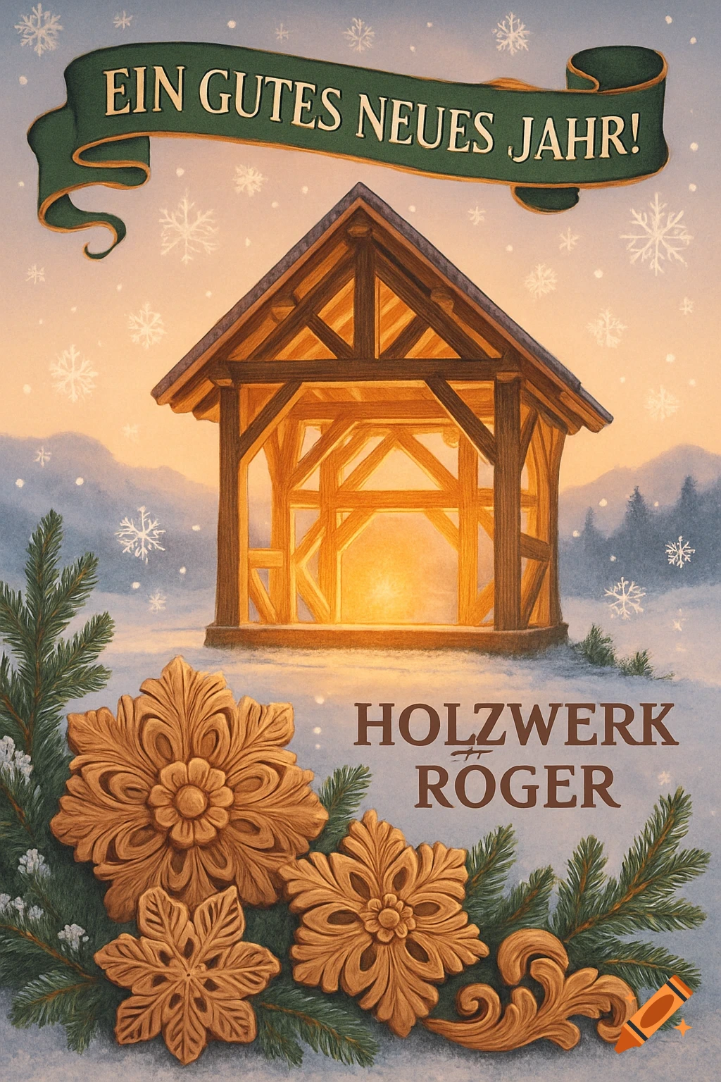 An illustrated winter scene features a wooden open-air structure glowing at sunset under a banner reading "EIN GUTES NEUES JAHR!". Carved wooden snowflakes and pine branches adorn the snowy foreground.