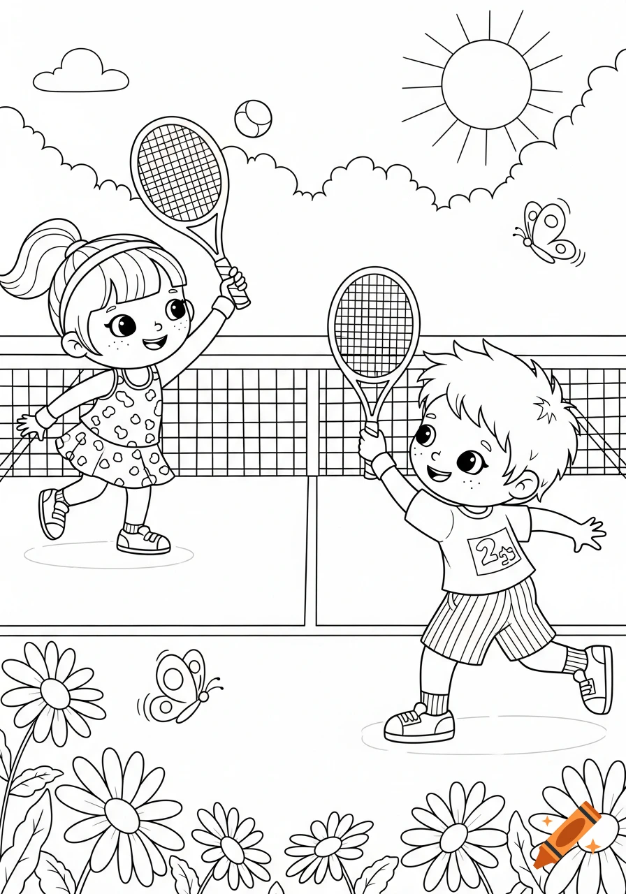 A black and white coloring page shows two cartoon children, a boy and a girl, playing tennis outdoors on a sunny day with flowers in the foreground.