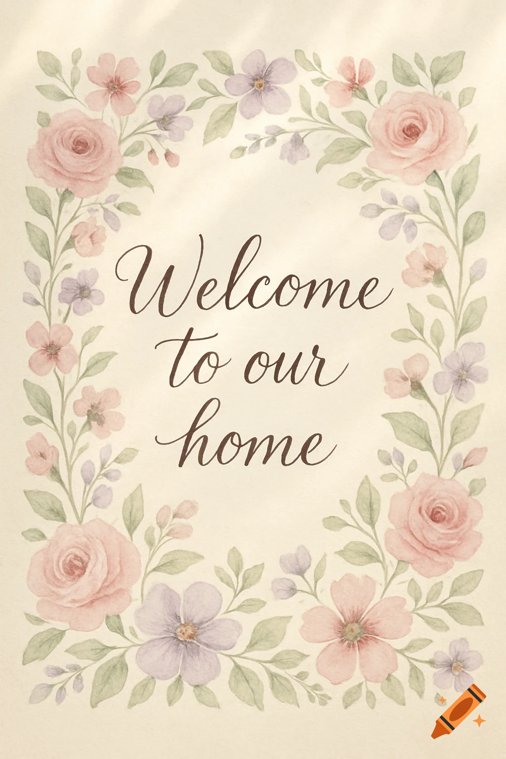 Watercolor floral frame with pink and purple flowers and green leaves surrounding the text "Welcome to our home".