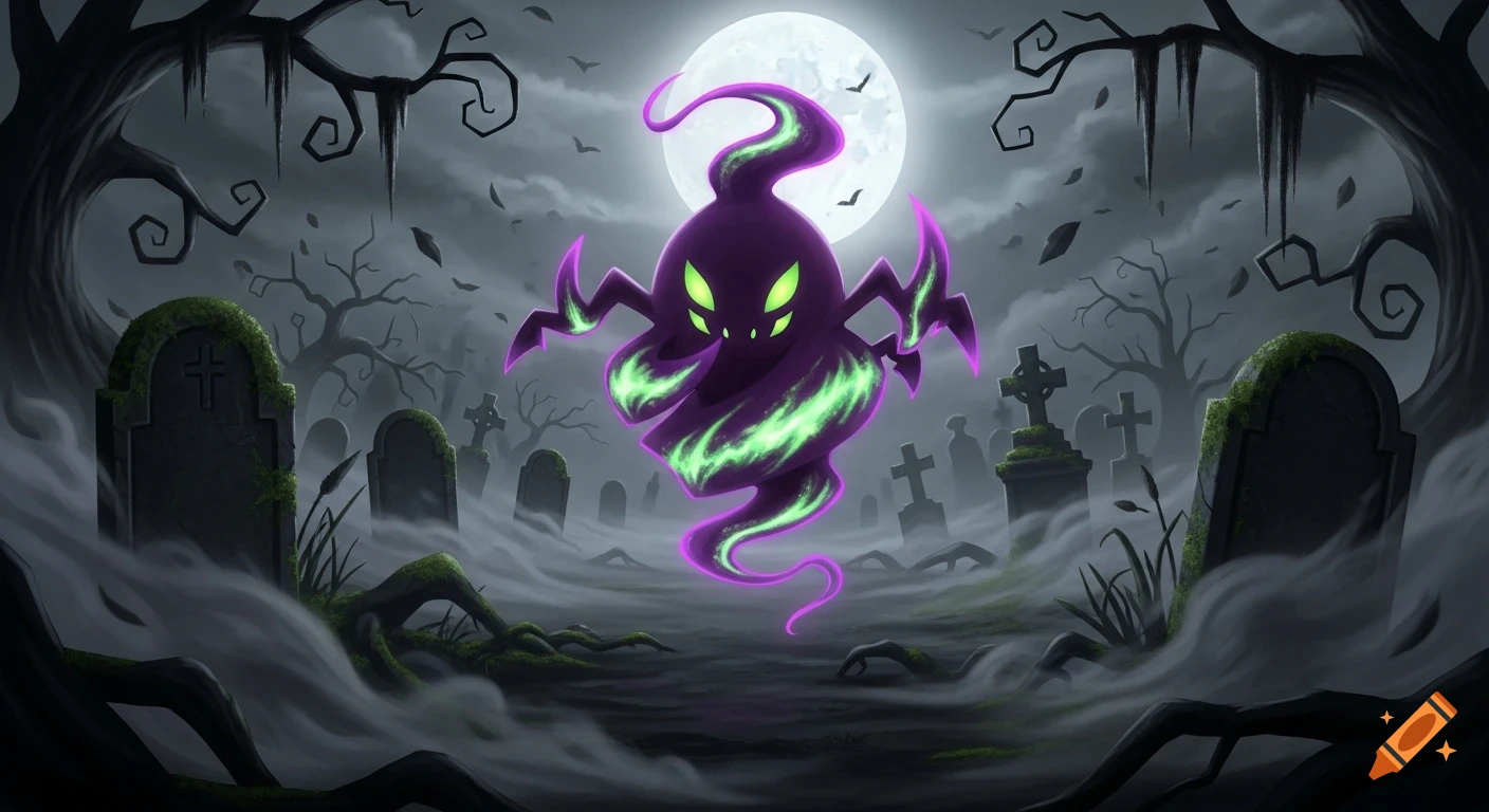 A purple and green glowing Spiritomb hovers in a spooky graveyard under a full moon, surrounded by fog and bare trees.