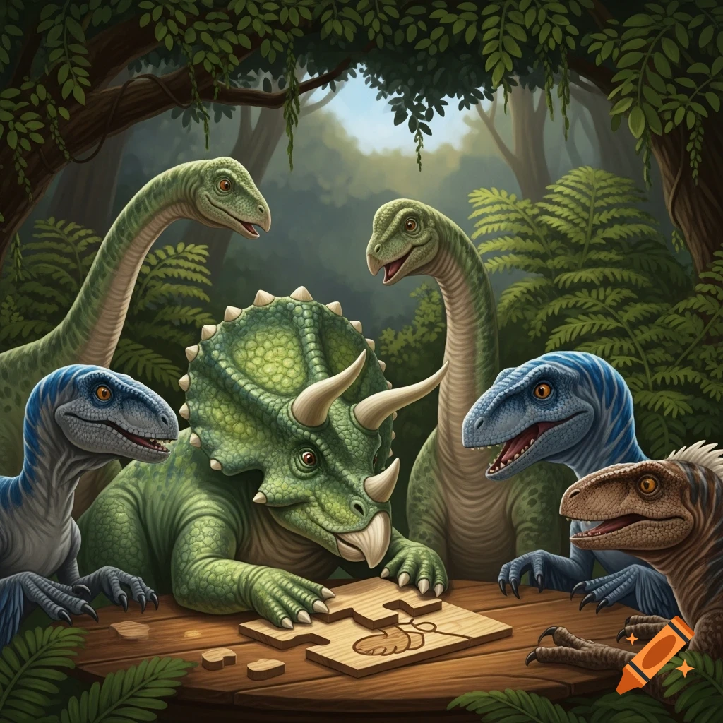 Cartoon dinosaurs, including a Triceratops and raptors, gathered around a wooden puzzle in a lush jungle.