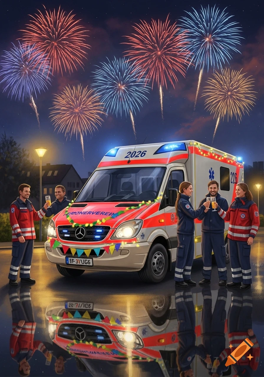 Paramedics celebrate New Year 2026 in front of an ambulance decorated with festive lights and banners, under a sky filled with fireworks, reflecting on wet ground.