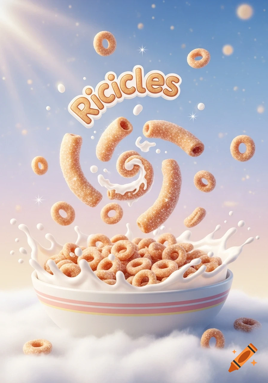 A bowl of cereal with milk splashing, and various cereal pieces floating in a bright, sunny sky. The text "Ricicles" is above.