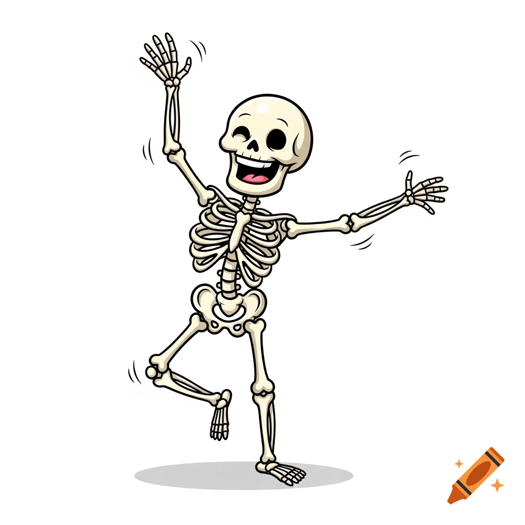 A cartoon skeleton dancing happily with one leg raised and arms in the air on a white background.