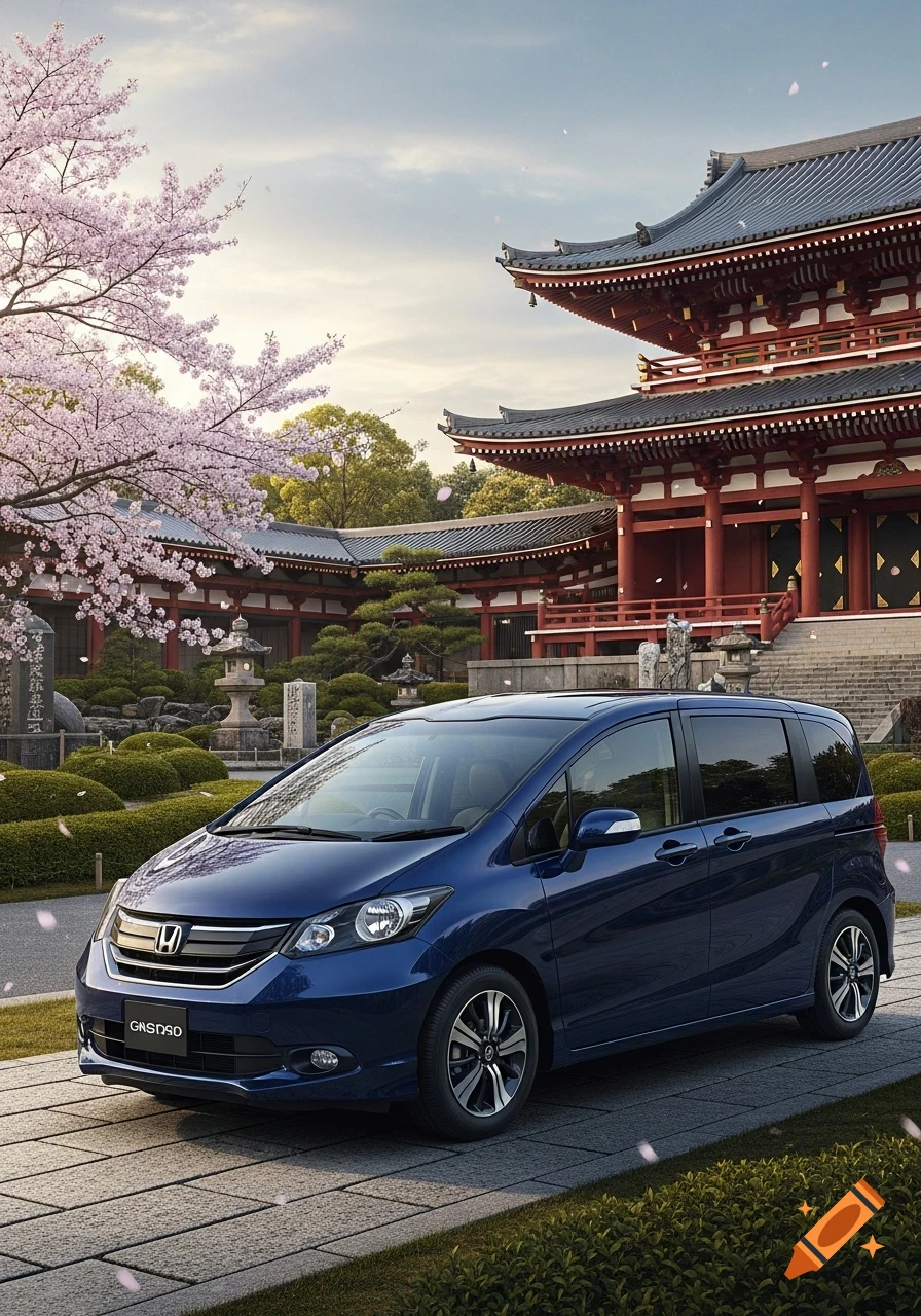 A blue Honda Freed minivan parked on a stone path in front of a traditional Japanese temple with blooming cherry trees under a cloudy sky.