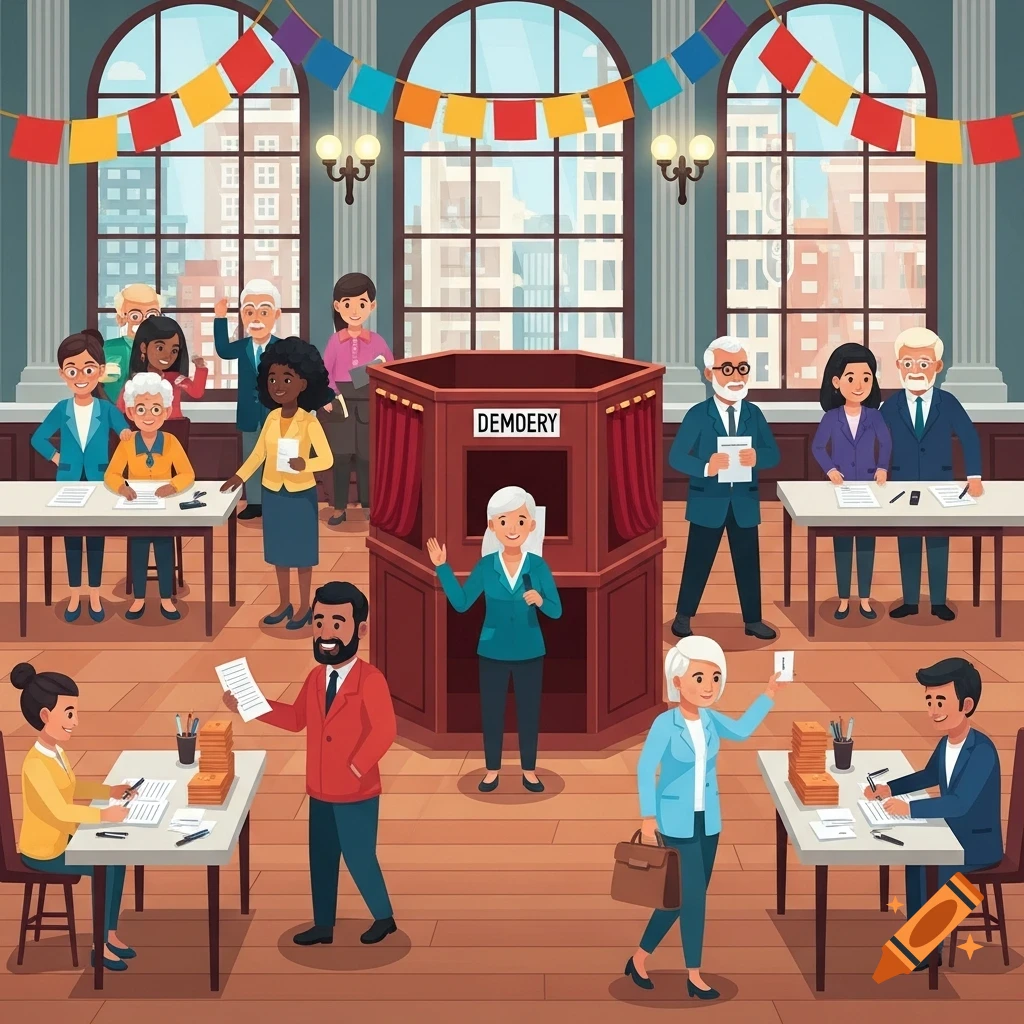 An illustration of diverse people at a busy polling station, with a woman waving from a voting booth labeled "DEMDERY".