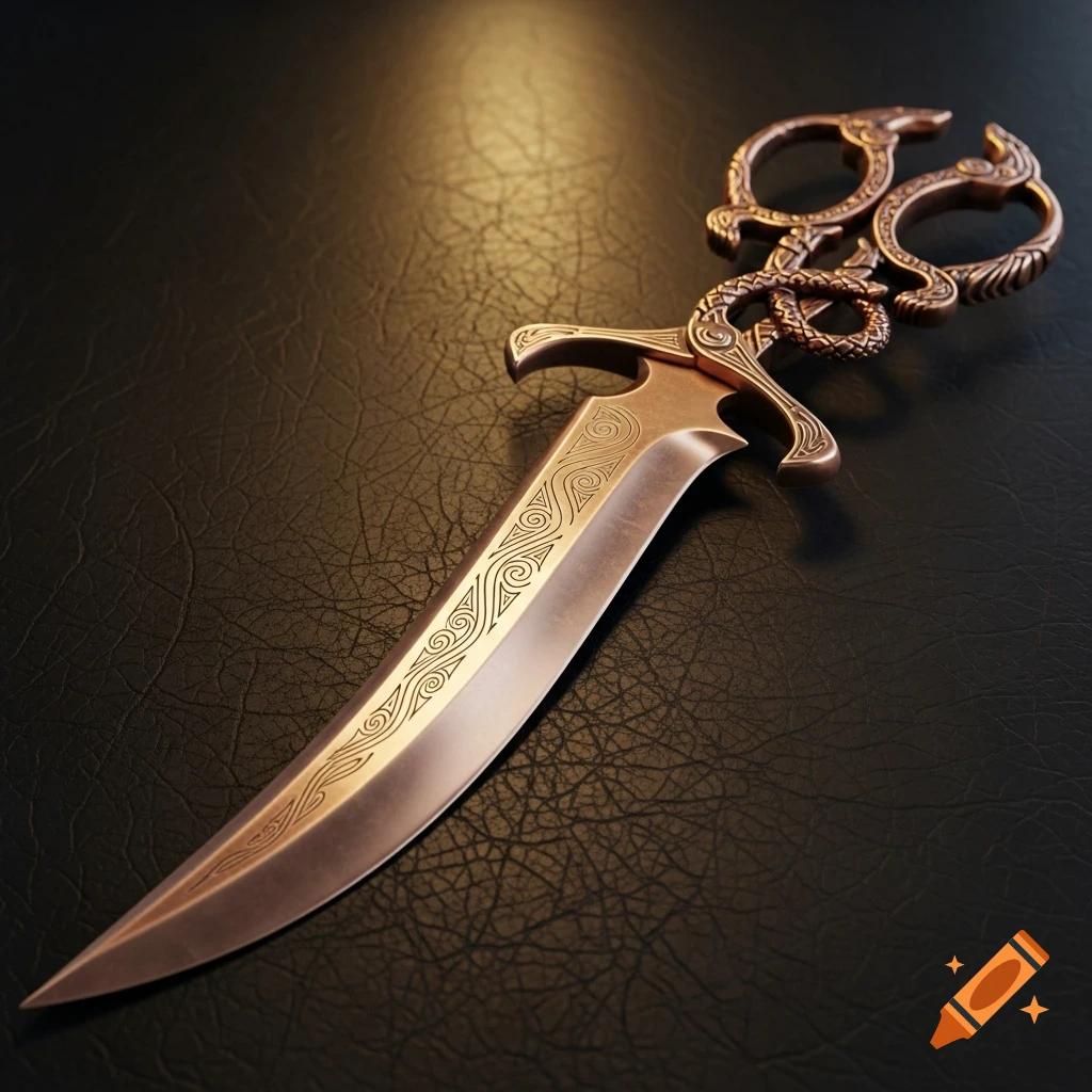 A photorealistic close-up of a copper falchion with ornate scissor-shaped handles and intricate blade patterns on a dark surface.