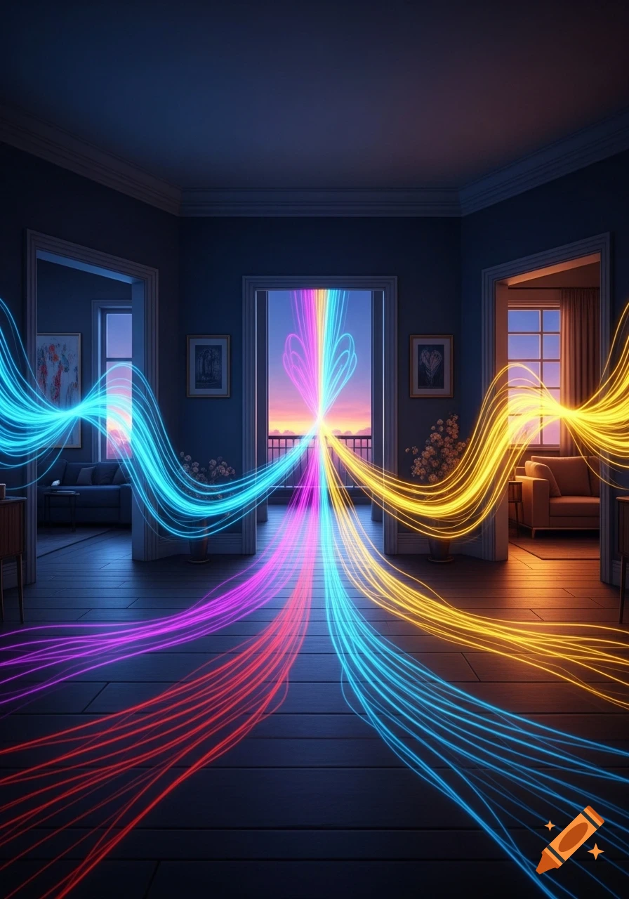 Vibrant abstract digital art of a room with colorful glowing light trails flowing from a sunset balcony through three doorways.