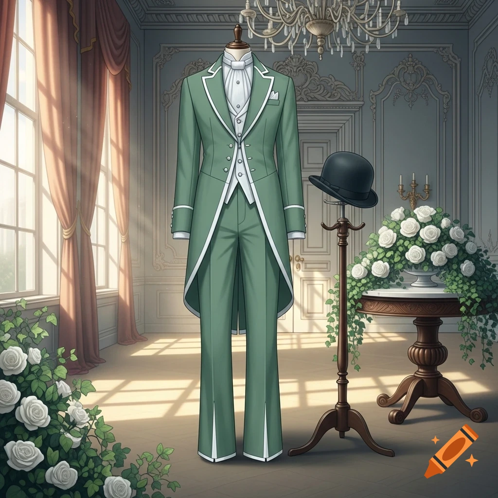 A sage green and white ouji suit on a mannequin in an elegant room with a bowler hat and white roses.
