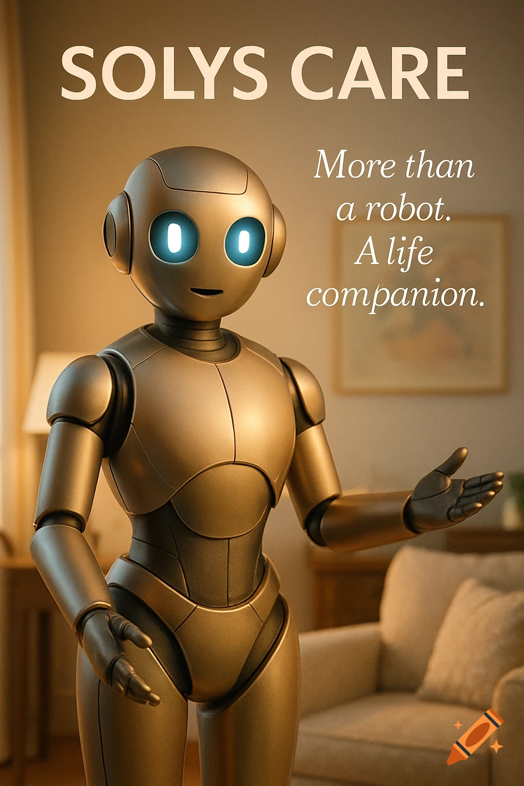 A photorealistic golden robot with glowing blue eyes stands in a softly lit room with promotional text for "SOLYS CARE" and a slogan.