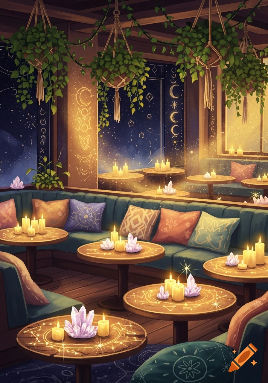 A cozy fantasy cafe with warm candlelight, crystals on tables, hanging plants, and mystical moon and star symbols on walls.