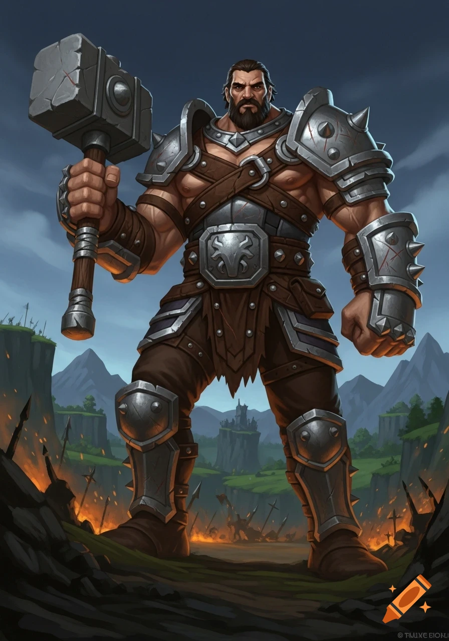 A muscular fantasy warrior in spiky armor holds a large hammer in a ...