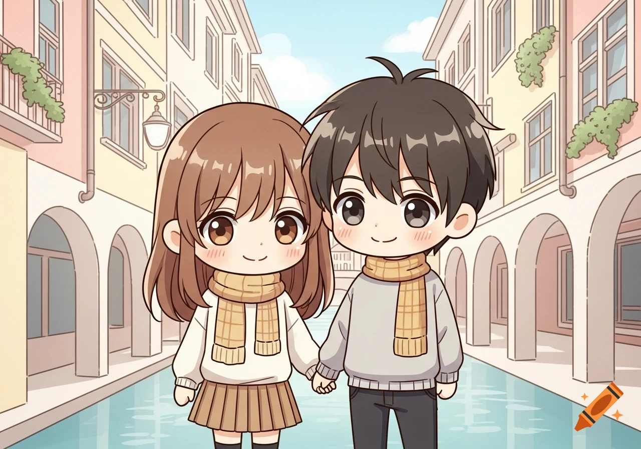 A cute chibi anime couple, a girl and a boy with brown hair, holding hands in a European canal alley with buildings and arches.